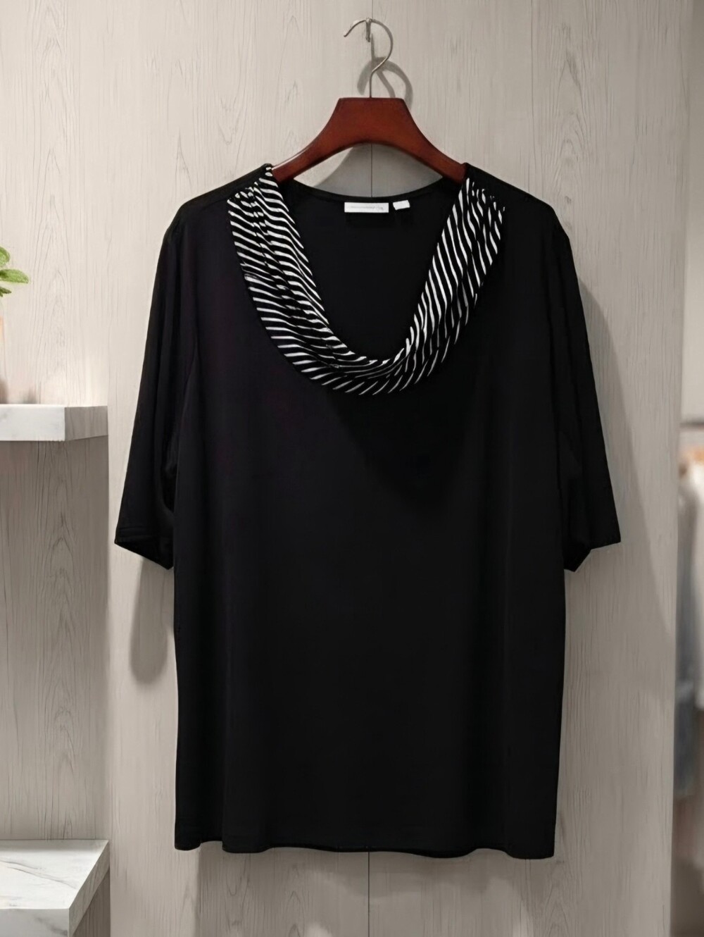 Susan Graver Black Short Sleeve Top with Black-and-White Draped Neck